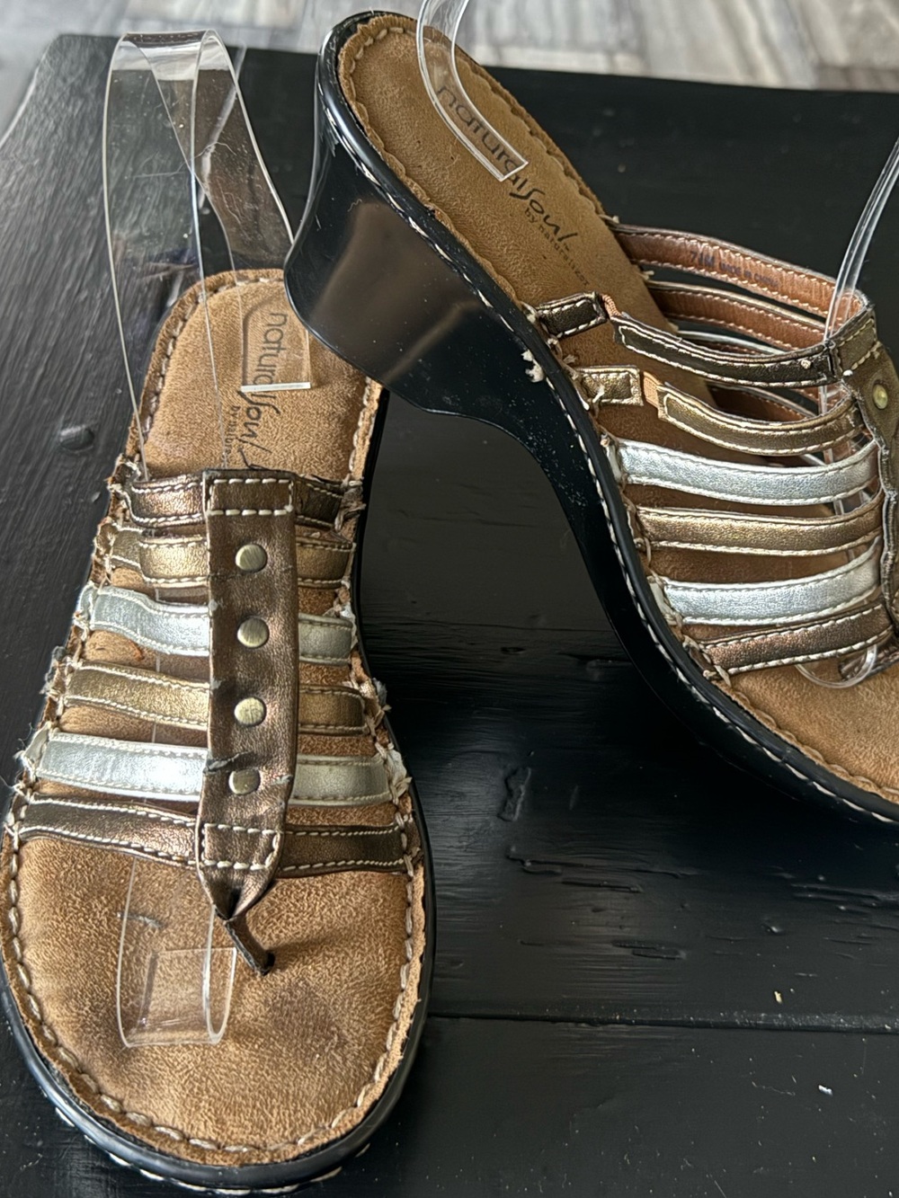 Natural Soul Lorena Moda Metallic Brown and Silver Strappy Wedge Sandals